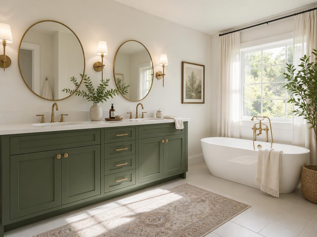 The same bathroom after a painted vanity, quartz top and brass fixtures