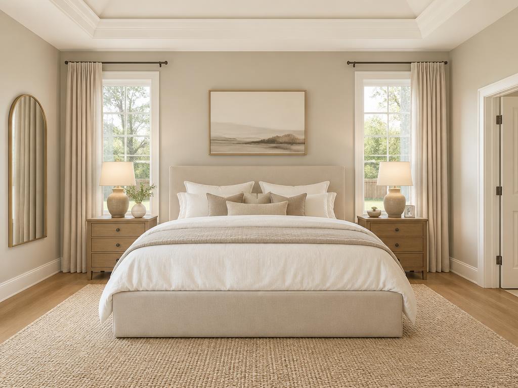 The same bedroom after new bedding, drapery, rug and lighting