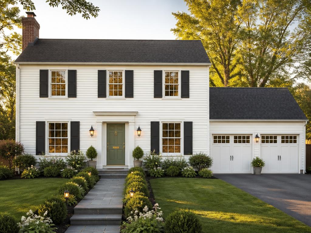 The same colonial home after fresh paint, a new front door and layered landscaping