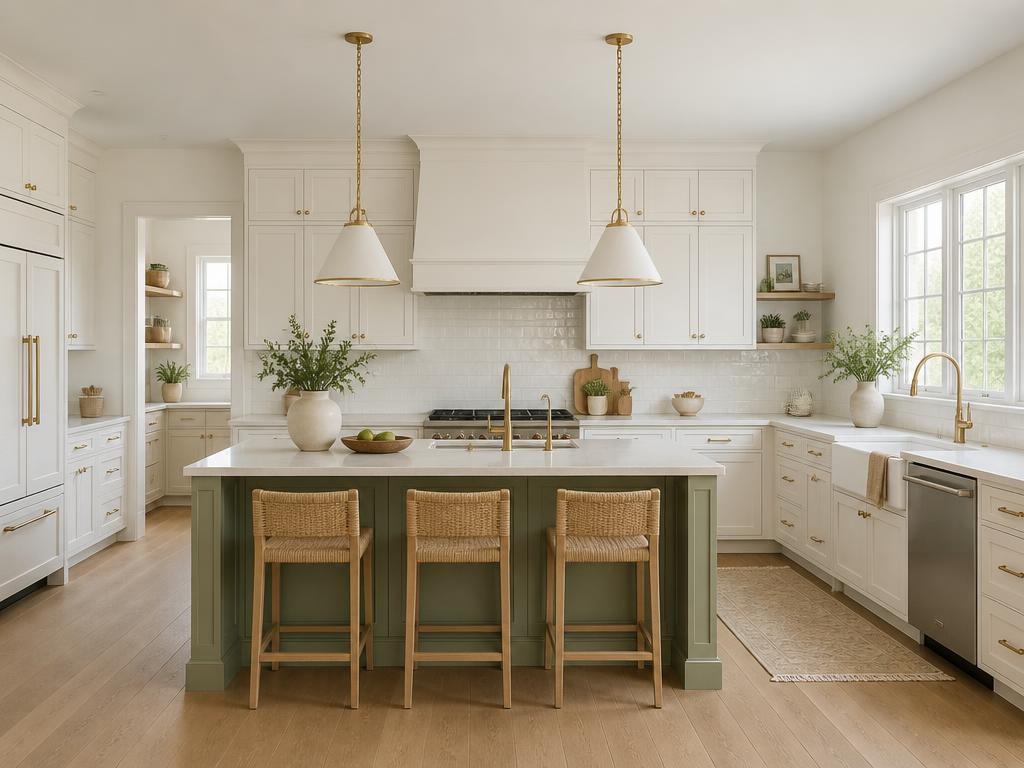 The same kitchen after painted cabinets, quartz counters and new lighting