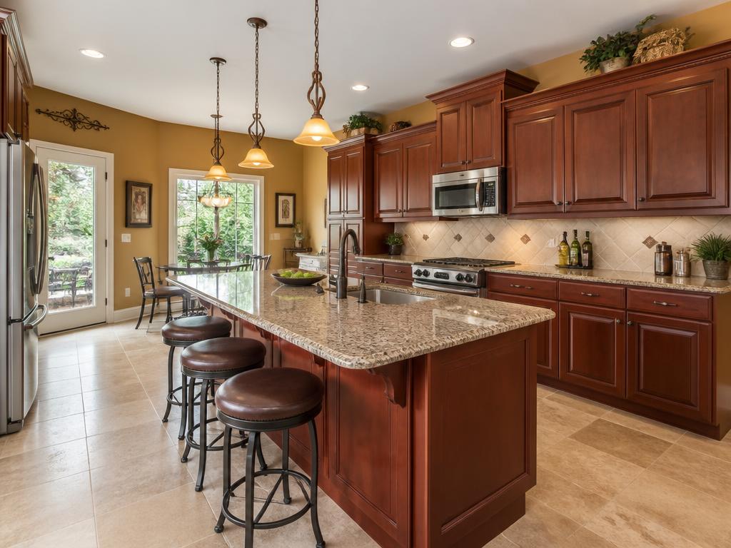 Spacious kitchen with dated cherry cabinets and granite counters
