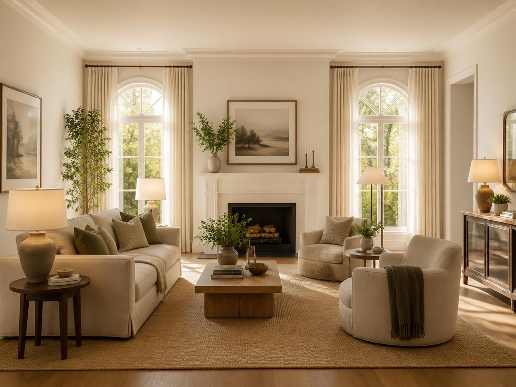 The same living room after new paint, layout, rug and drapery