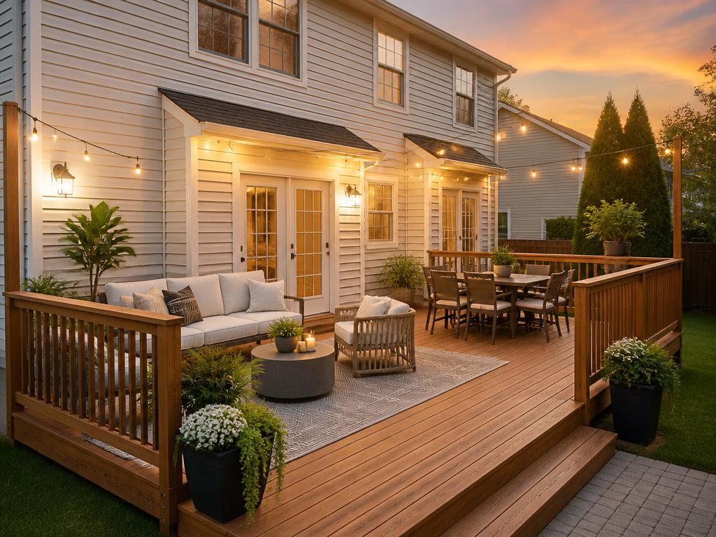The same deck after staining, lounge seating, planters and string lights